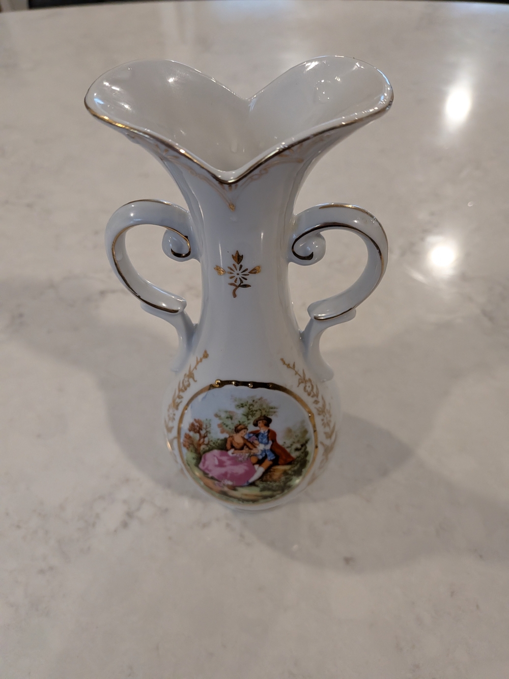 Vintage 1970s Elegant White Porcelain 2-Handled Victorian Couple Vase 8.5" Tall